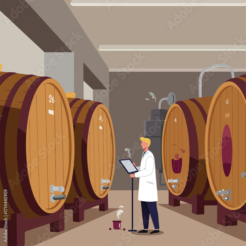 Cartoon of a blonde lab technician observing wine barrels in a wine cellar on a tablet