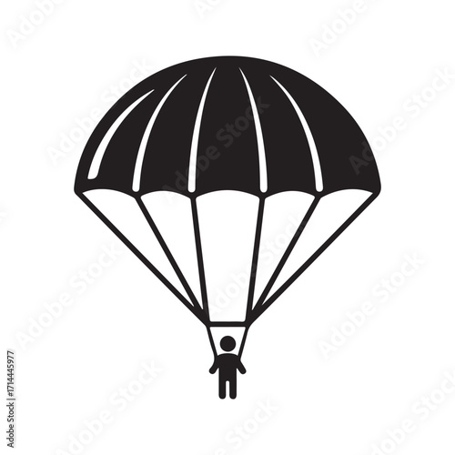Minimalist Parachute Silhouette with Person Pictogram, Black and White Vector Icon