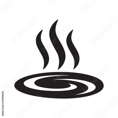 Minimalist Hot Spring Icon with Steam and Swirls on a White Background