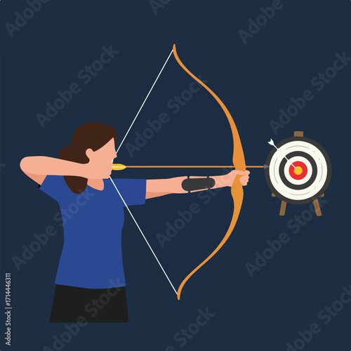 An archer aims at a target; she pulls back the bowstring with precision and focus