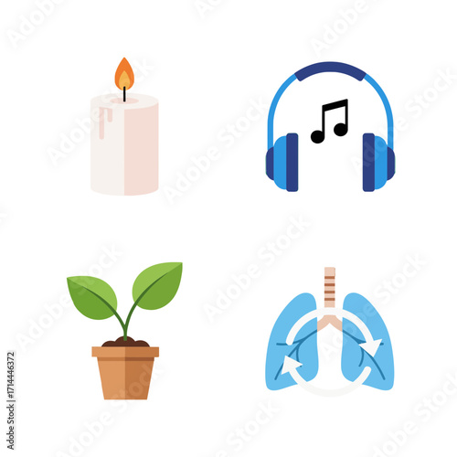 Flat design vector icon set for wellness, self-care, relaxation, and mindfulness concepts