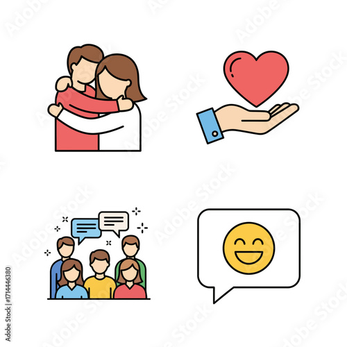 Set of icons representing love, community, and positive emotions