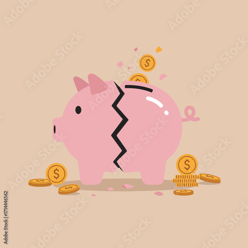Graphic illustration of a pink, broken piggy bank with gold dollar coins on a tan background