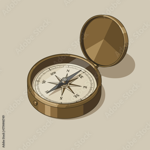 Golden compass points north, situated on a smooth surface.  Simple vector design