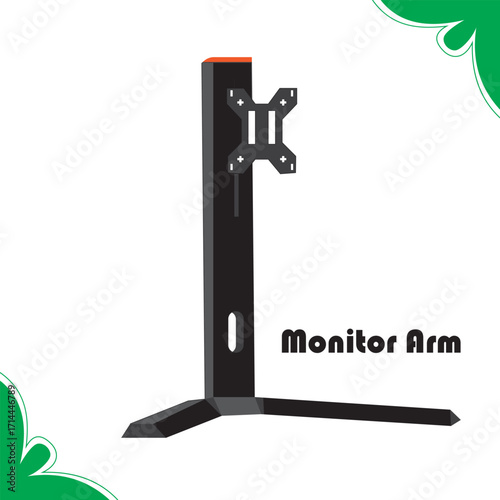Clean vector illustration of a monitor arm stand designed for ergonomic workspaces. This adjustable desk mount supports LCD or flat panel displays, offering flexibility and organization for home offic