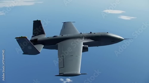 Futuristic military surveillance drone flying high above the clouds. An advanced unmanned aerial vehicle for reconnaissance and modern warfare