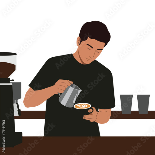 Barista pours milk into espresso drink creating latte art, espresso machine to the side