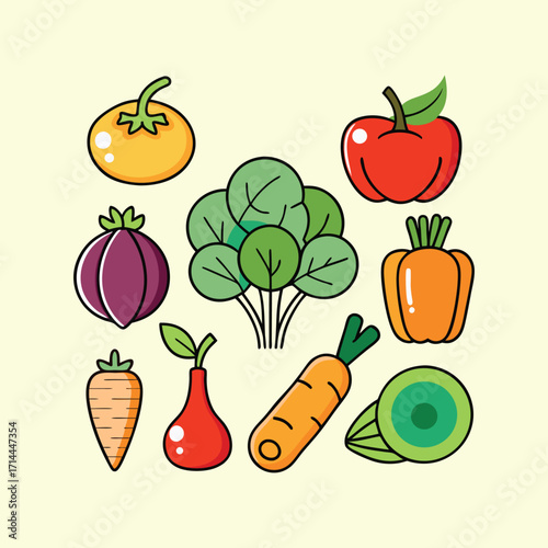 Colorful assortment of cartoon vegetables with the number twelve in the center