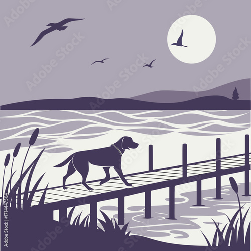 Dog silhouette walking along wooden pier, birds above.
