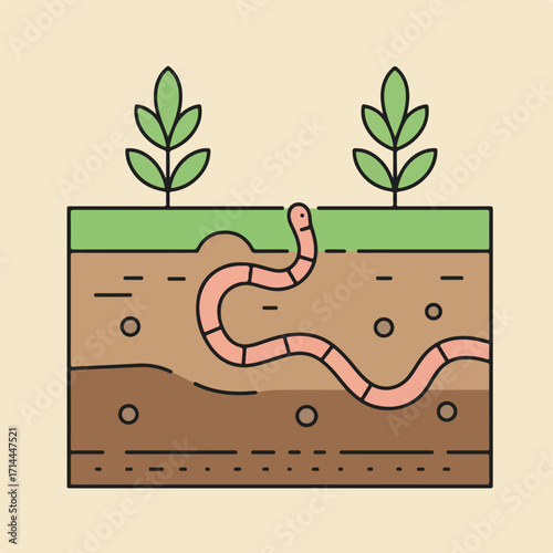 Illustration depicting an earthworm digging through soil with plants growing above ground