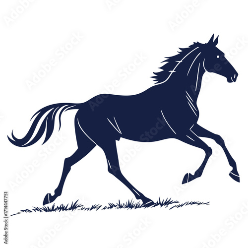 A majestic dark blue silhouette of a powerful horse galloping across a field of grass with its mane and tail flowing dynamically in the wind conveying speed and freedom