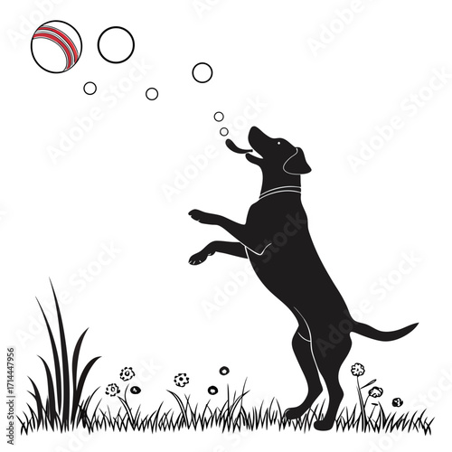 Joyful black silhouette dog leaping in a grassy field with flowers and bubbles playfully reaching for a striped ball and catching air