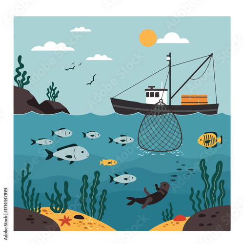 Cartoon illustration of a fishing boat, otter, fish, seaweed, seabed, and sunny skies