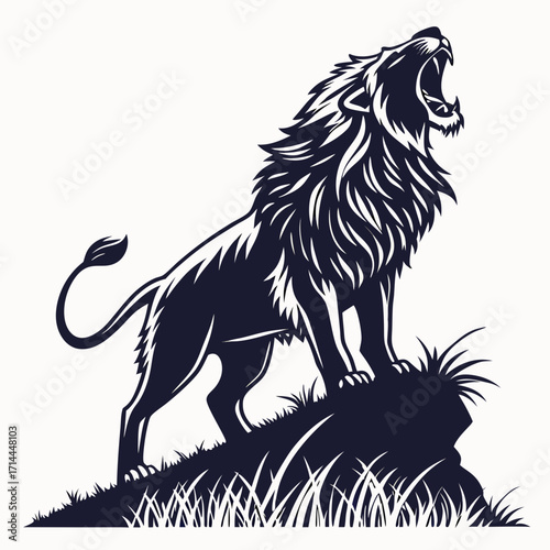 Majestic lion silhouette roaring powerfully from a rocky outcrop surrounded by wild grass symbolizing strength courage and leadership in a striking dark blue graphic design