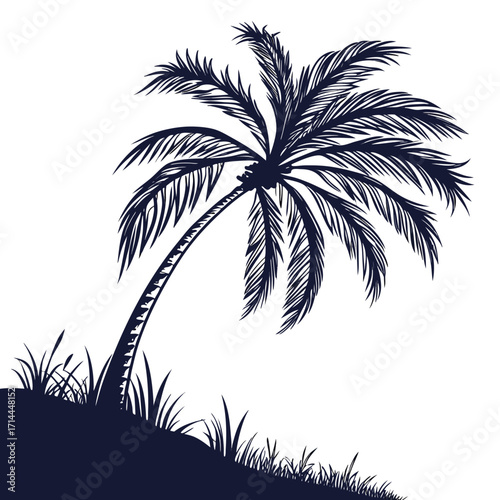 A solitary palm tree with lush fronds arches gracefully over a grassy hillock creating a classic tropical silhouette against a clean white background evoking a sense of serene island escape