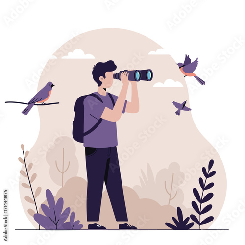 Birdwatcher with binoculars, backpack stands in nature with flying birds in a flat vector