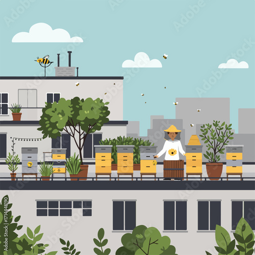 Rooftop beekeeping scene with hives, greenery, and a beekeeper tending to the bees