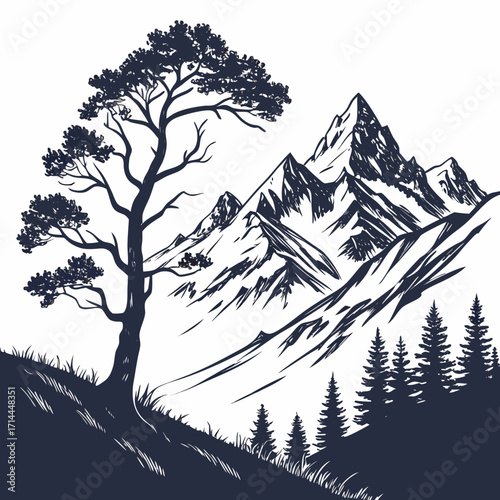 A solitary pine tree stands silhouetted on a grassy hill overlooking a majestic mountain range with jagged peaks and a dense forest of evergreen trees in the foreground
