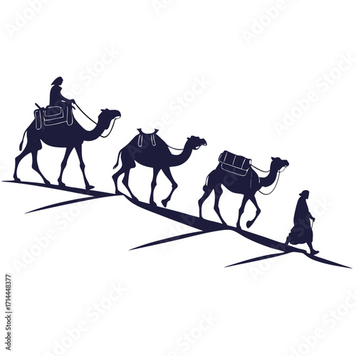 A caravan of camels with riders and cargo traverses a desert landscape under a clear sky symbolizing travel and adventure