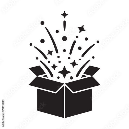Surprise gift box icon with exploding confetti and stars in a black silhouette style