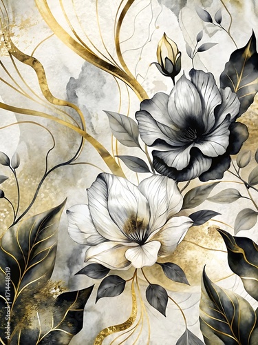 Dark grey and white flowers with gold accents and dark leaves on watercolor background floral