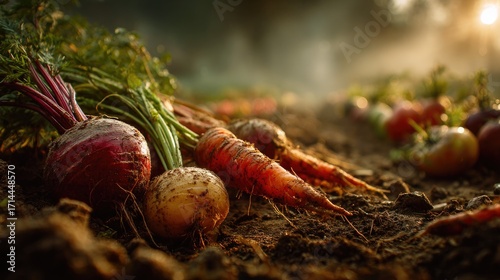 Freshly harvested root vegetables with soil in organic farm field