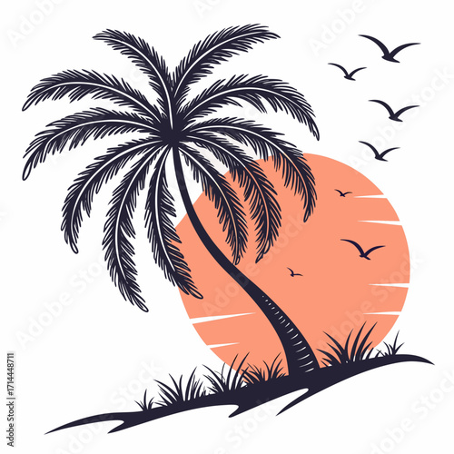 Silhouette of a solitary palm tree with lush green grass and a vibrant orange sun setting behind it with a flock of birds flying in the sky