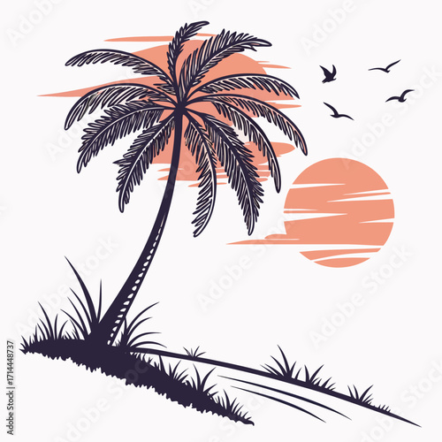 A solitary palm tree silhouetted against a warm sunset with silhouetted birds flying in the sky and gentle waves lapping the shore