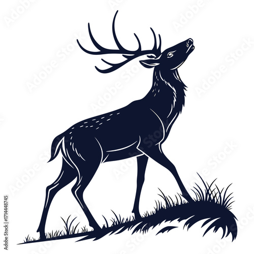 Majestic dark blue silhouette of a stag with large antlers standing proudly on a grassy hill looking upwards with its head held high in a stylized graphic illustration