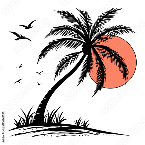 Stylized black silhouette of a leaning palm tree with lush fronds stands against a vibrant coral sun with a flock of birds soaring in the clear sky above a sandy shore with tufts of grass