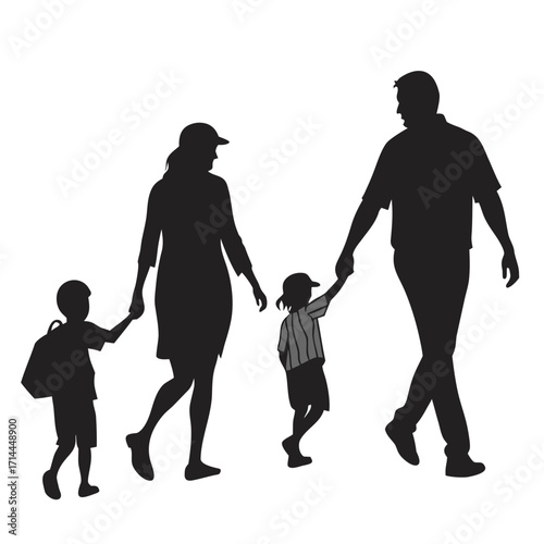 A silhouette of a family walking together holding hands with two children one carrying a backpack and the other wearing a striped shirt and cap