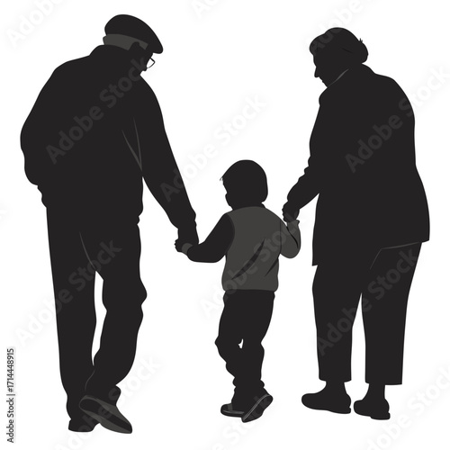 A loving silhouette of grandparents holding hands with their young grandchild walking together as a family representing generational connection and childhood joy on a white background