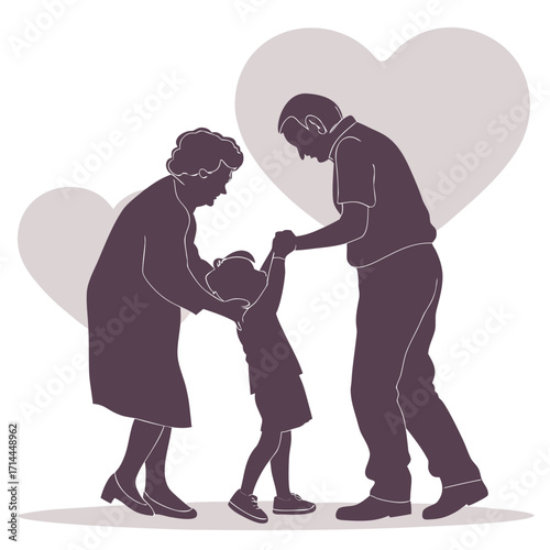 Loving grandparents joyfully dancing with their grandchild creating cherished memories with hearts symbolizing their deep affection and family bond