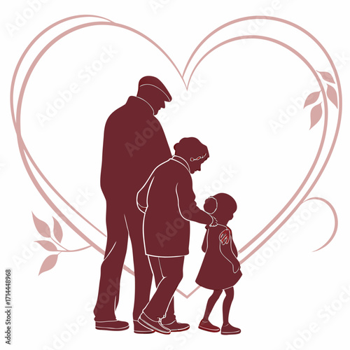 Loving grandparents embrace their granddaughter with affection and care silhouetted against a large decorative heart symbolizing their strong family bond and enduring love