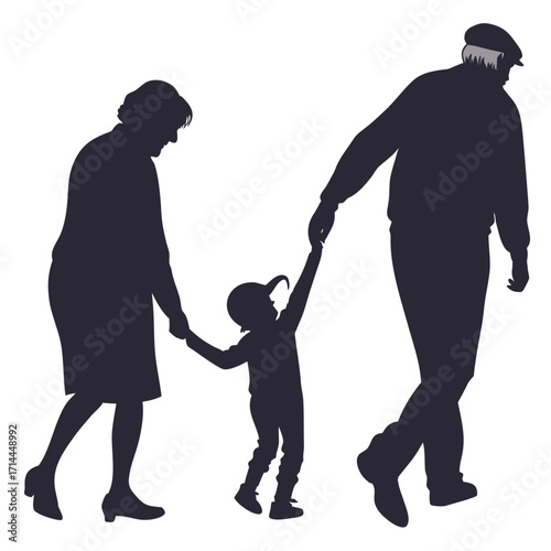 Silhouettes of loving grandparents holding hands with their joyful grandchild walking together as a family unit on a white background representing unity and connection
