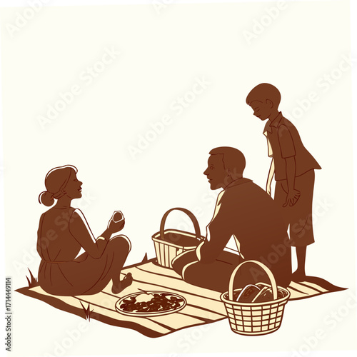 A loving family enjoys a delightful outdoor picnic together on a checkered blanket sharing food and conversation amidst a serene natural setting