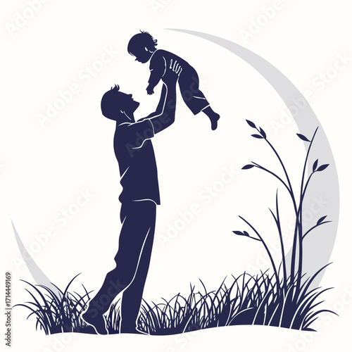 A loving father joyfully tosses his young child into the air creating a silhouette against a soft crescent moon and a backdrop of tall grass and delicate plants