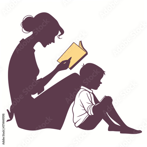 A mother and child silhouetted against a white background the mother reads a book while the child sits beside her leaning on her leg engrossed in their own activity symbolizing education and bonding