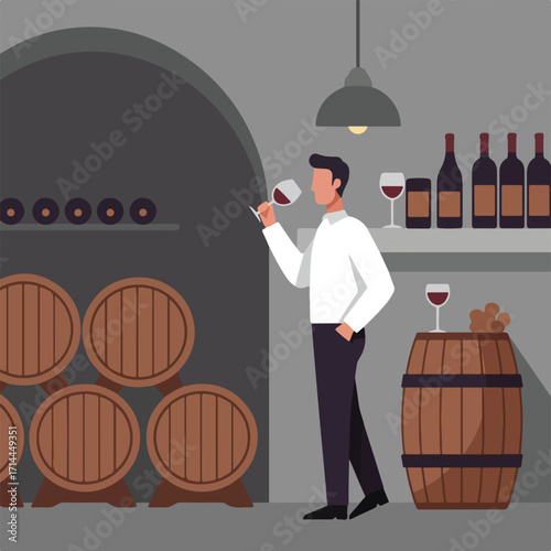 Man tasting wine in a cellar with barrels and bottles, indoors, flat style illustration
