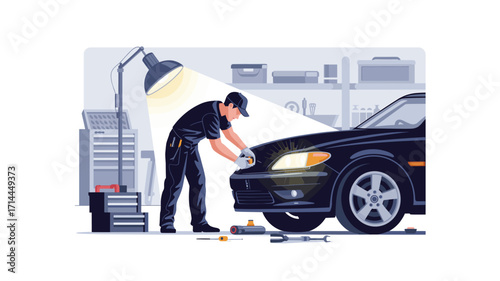 Automotive Maintenance Icons Set Tools, Car, Engine, and Services for Repair Shops and Vehicle Owners with Illustration Style on White Background