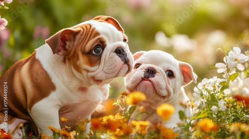 cute puppy dog in flower garden
