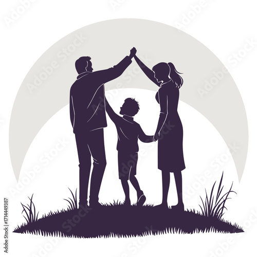 Silhouette of a loving family parents and child forming a protective roof over themselves with their hands symbolizing unity safety and togetherness on a grassy hill under a gentle arc