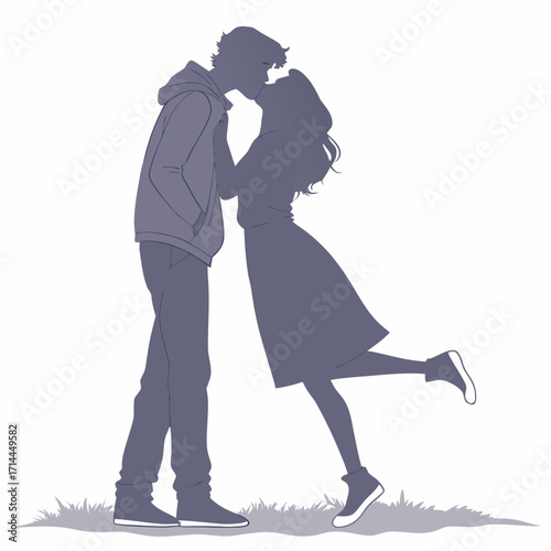 A romantic silhouette of a young couple sharing a tender kiss in a park with grass and a white background conveying love and affection
