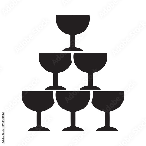 Black Silhouette of a Stacked Champagne Glass Pyramid, Flat Vector Icon