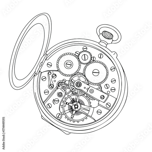 Detailed line drawing of a pocket watch with its inner workings revealed and cover open