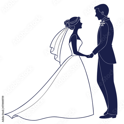 Elegant silhouette of a bride in a flowing gown and veil holding hands with a groom in a tuxedo symbolizing love and commitment on their wedding day