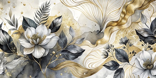 Elegant floral watercolor with gold accents and dark leaves abstract