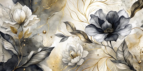Sophisticated Floral Arrangement with Black and White Blooms and Gold Details Keywords: floral, watercolor, black and white flowers, gold details, elegant, botanical, art, abstract, nature