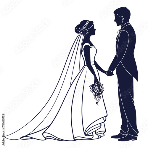 Elegant silhouette of a bride in a flowing gown holding a bouquet and a groom in a tuxedo holding hands symbolizing love and commitment on their wedding day