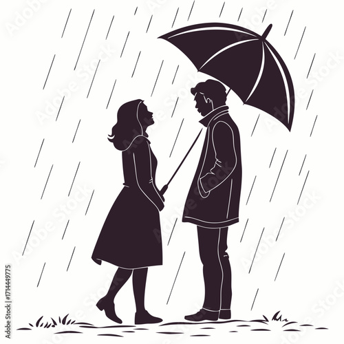 A romantic silhouette of a couple sharing an umbrella and looking into each others eyes while standing in the rain on a grassy patch